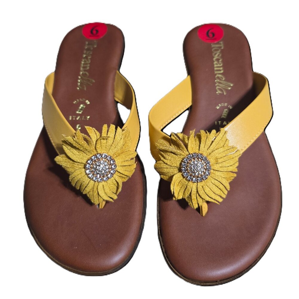 Toscanella Italian Wedge Sandals Yellow Flower With Rhinestones